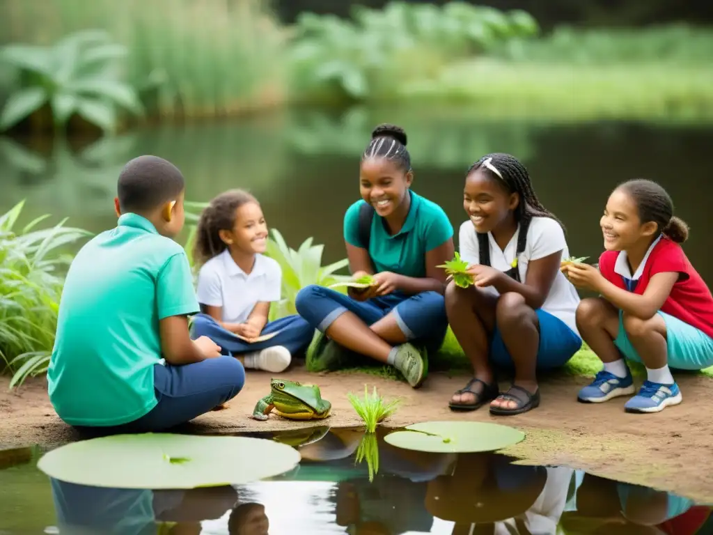 Un grupo diverso de niños observa y aprende sobre anfibios en un entorno natural