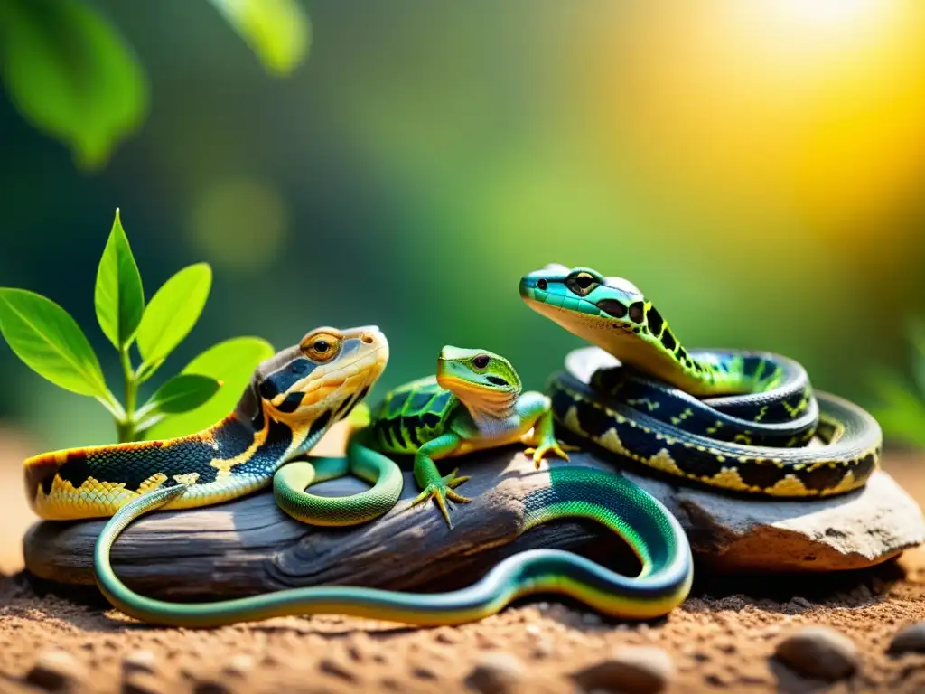 Un grupo diverso de reptiles, incluyendo serpientes, lagartos y tortugas, tomando el sol en su hábitat natural