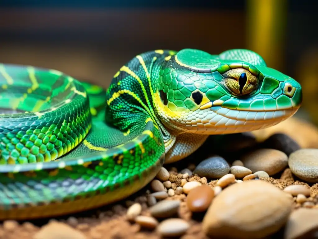 Un grupo diverso de reptiles, como serpientes, lagartijas y tortugas, disfrutan del calor bajo una lámpara en un amplio recinto