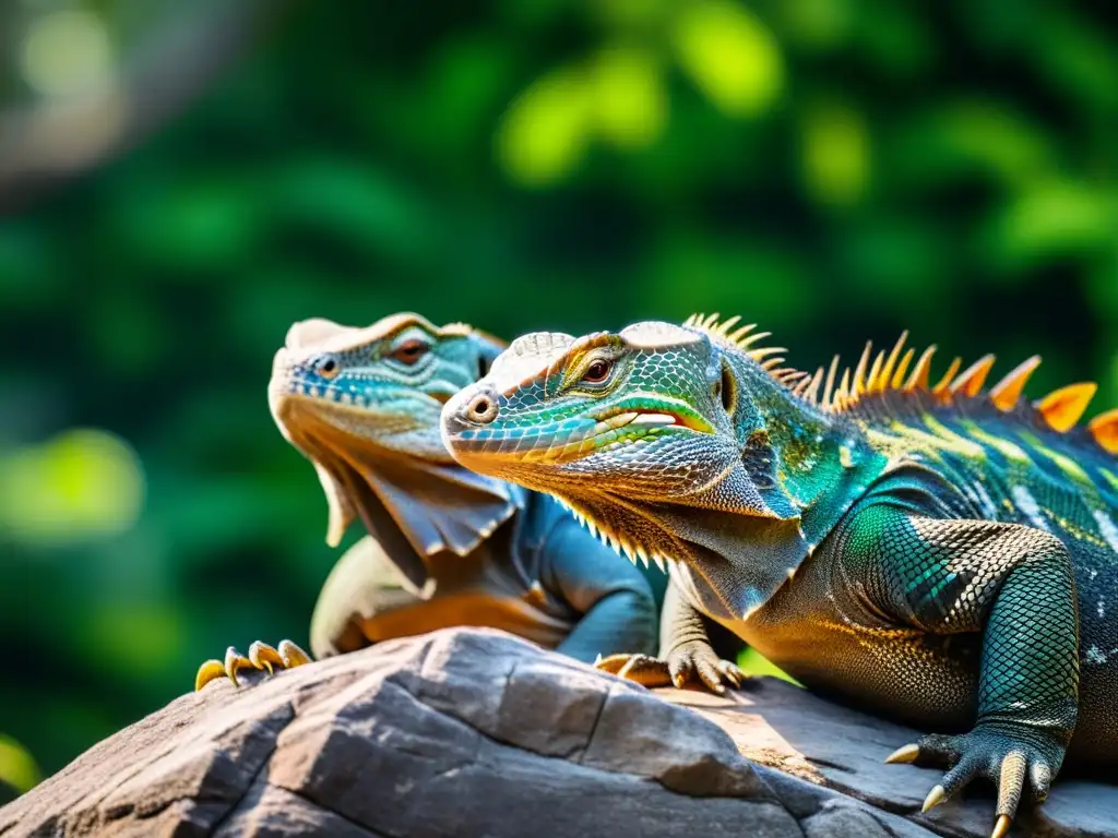 Un grupo de dragones de Komodo descansando al sol en su hábitat natural, rodeados de exuberante vegetación