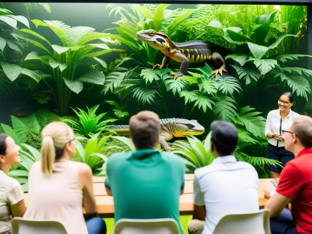 Un grupo de educadores participa en un taller sobre la importancia de reptiles en biodiversidad, rodeados de naturaleza y especies de reptiles