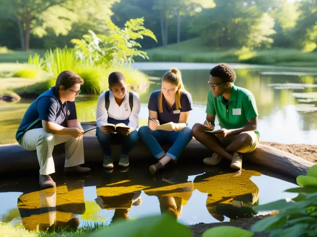 Grupo educativo de estudiantes y profesores observando reptiles y anfibios en un entorno natural, fomentando la conservación educativa