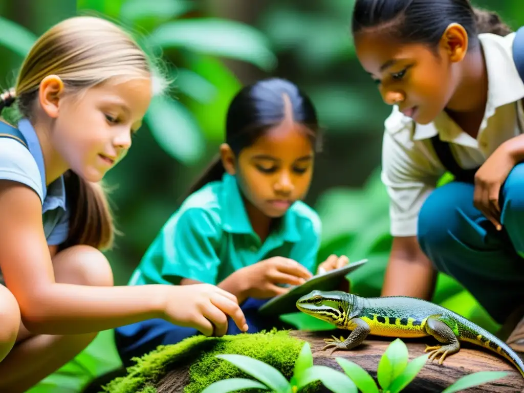 Grupo escolar en conservación de reptiles y anfibios en programas escolares, observando y documentando la fauna en un ecosistema biodiverso