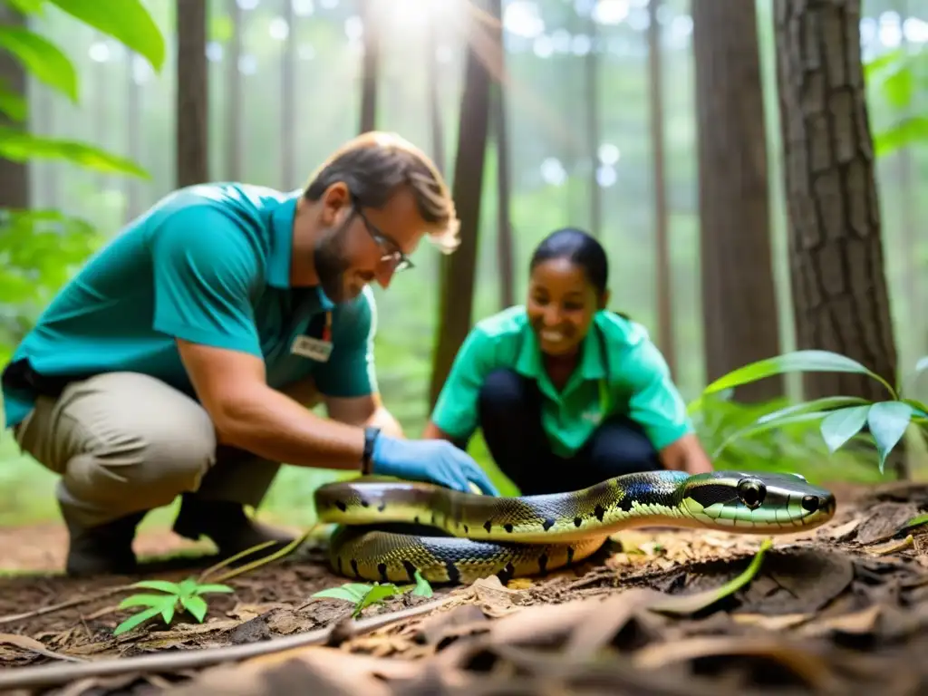 Un grupo de biólogos libera con esperanza una serpiente rehabilitada en su hábitat natural, entre la exuberante vegetación