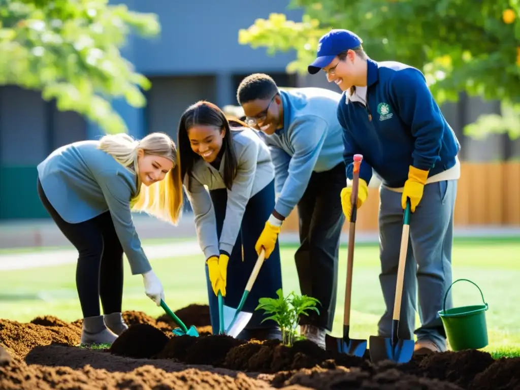 Un grupo de estudiantes planta árboles y flores en la escuela, mientras el sol ilumina la escena