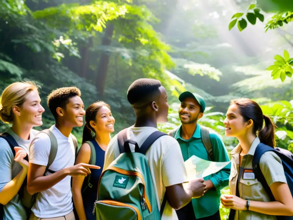 Un grupo de estudiantes diversos escucha atentamente a un conservacionista en un bosque biodiverso