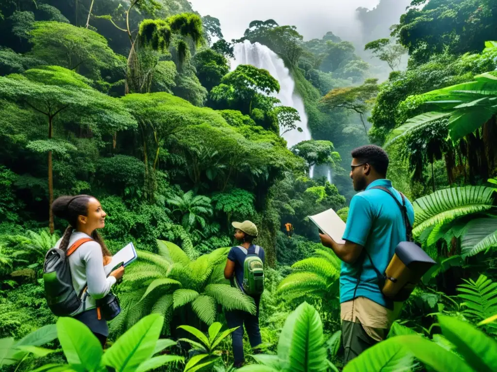 Un grupo de estudiantes diversos en un bosque lluvioso, participando en programas intercambio estudiantil conservación especies