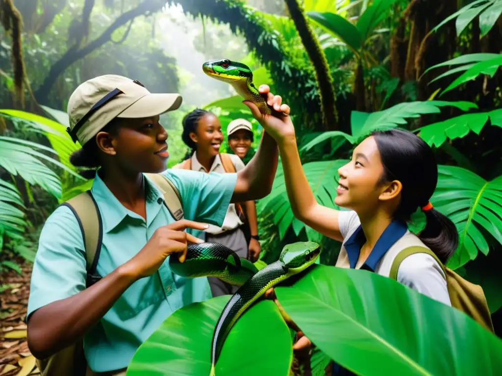 Un grupo de estudiantes emocionados descubriendo reptiles en una selva tropical en una excursión educativa