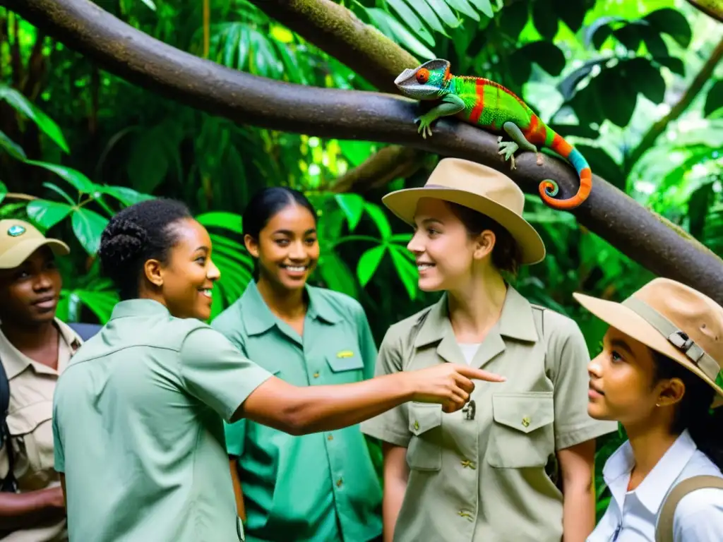 Un grupo de estudiantes con uniformes kaki y sombreros de ala ancha observa maravillado a un camaleón en una selva tropical