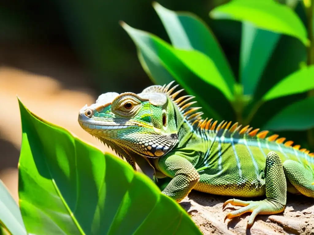 Un grupo de crías de iguana descansando entre exuberante vegetación, con escamas vibrantes y patrones intrincados