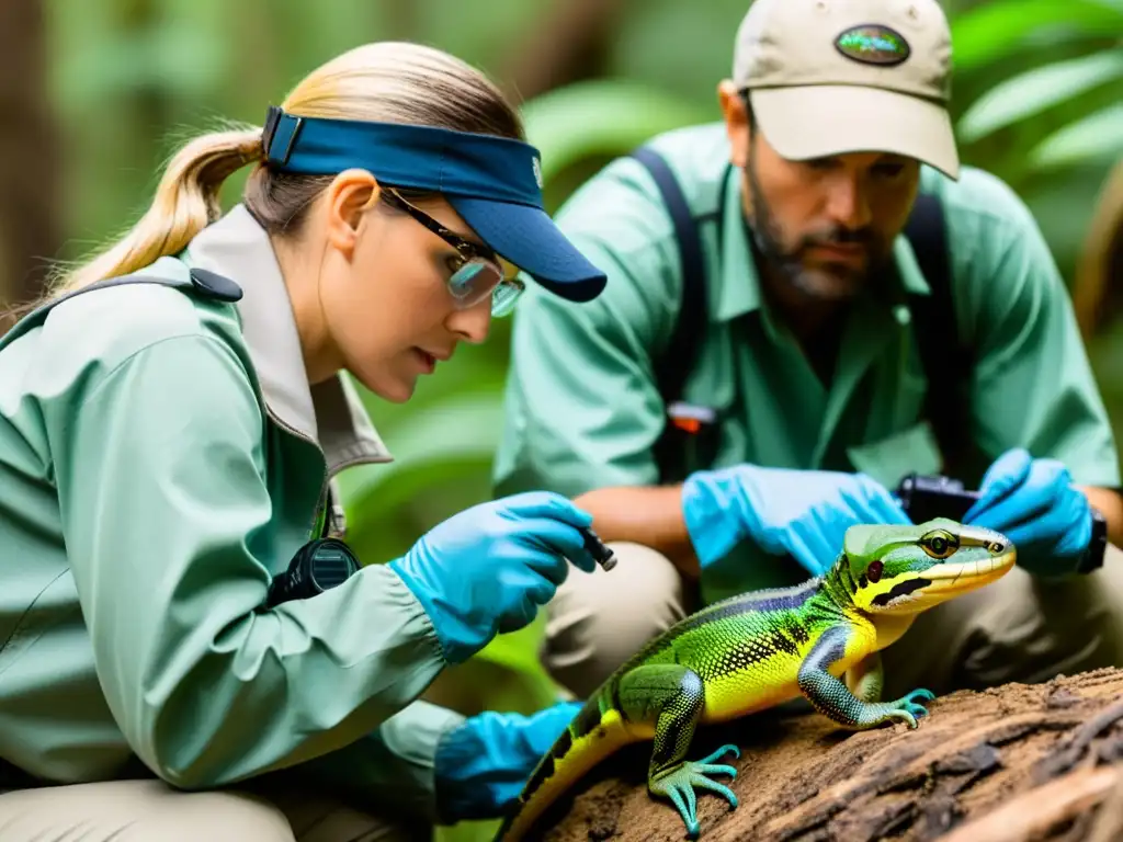 Grupo de herpetólogos documentando con precisión reptiles y anfibios en su hábitat natural