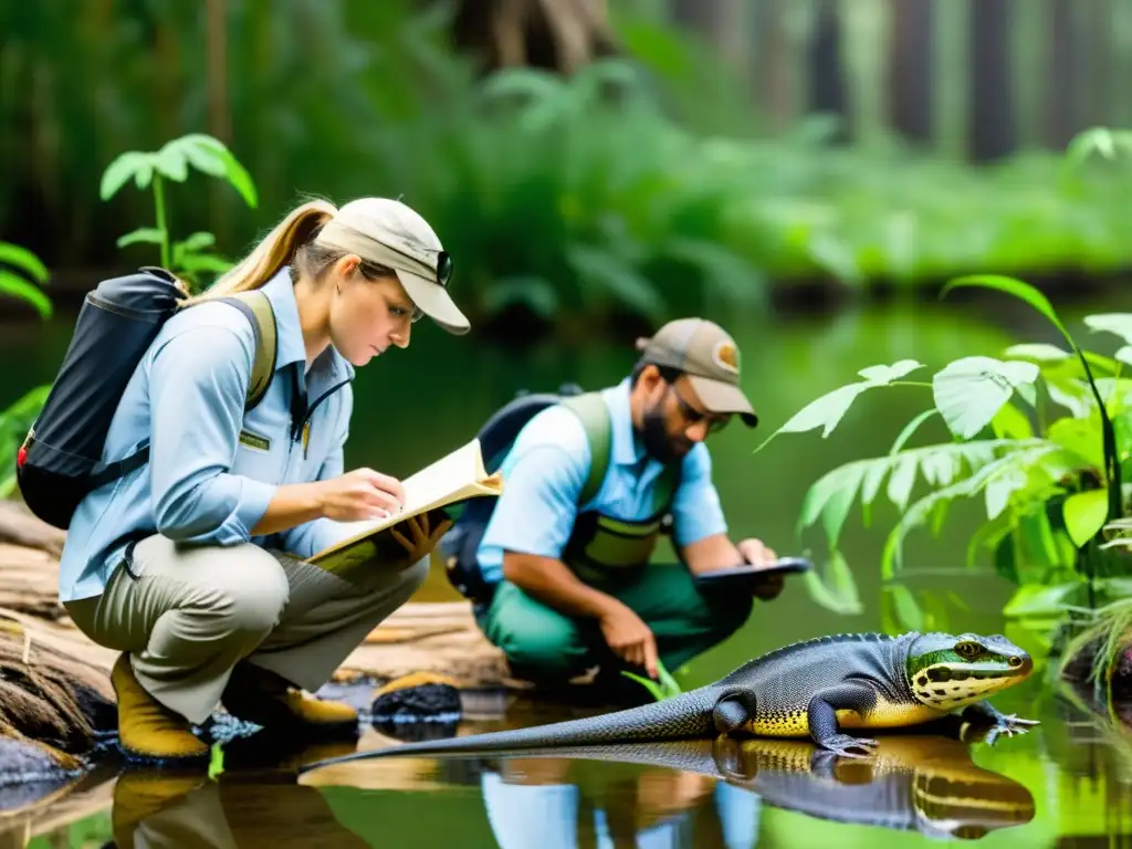 Grupo de herpetólogos estudiando reptiles y anfibios en profundidad en su hábitat natural, capturando la esencia de la exploración científica