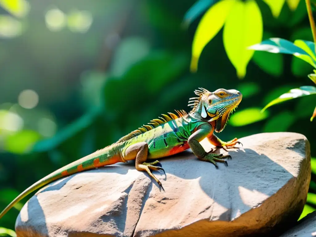 Un grupo de iguanas disfrutando de un ambiente complejo entre rocas y vegetación exuberante