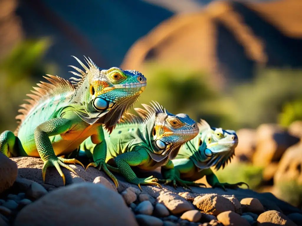 Un grupo de iguanas migrando por cambio climático, mostrando su determinación en un terreno rocoso bajo el intenso sol