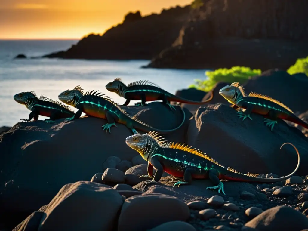 Un grupo de iguanas marinas de Galápagos camufladas entre rocas volcánicas, mostrando estrategias defensivas en reptiles y su hábitat natural