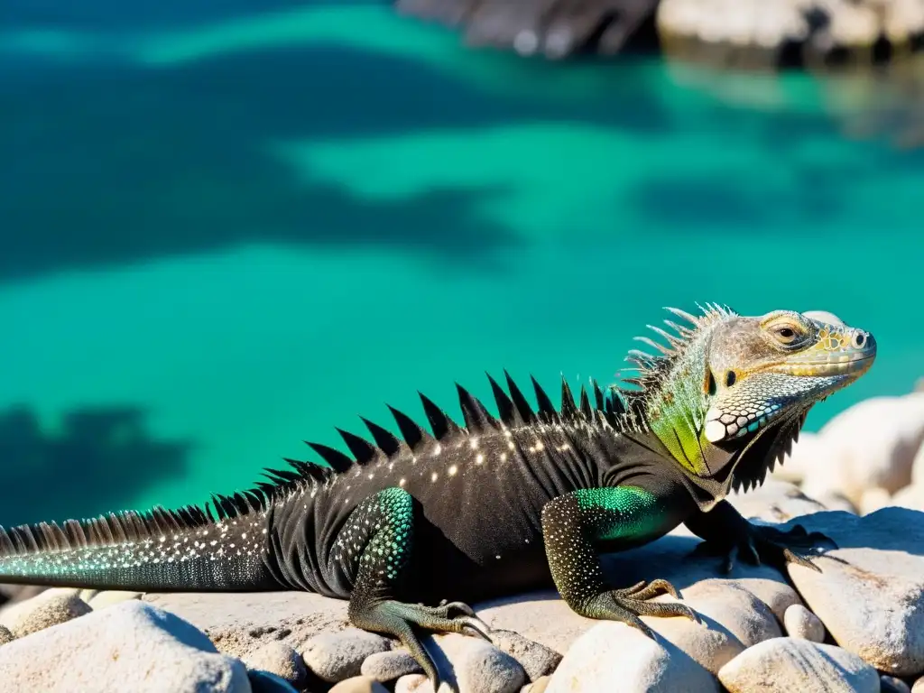 Un grupo de iguanas marinas se relaja en las rocas volcánicas junto al océano turquesa, mostrando su adaptación a la salinidad