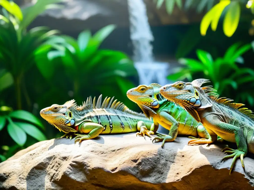 Un grupo de iguanas verdes descansando y socializando en un entorno enriquecido con plantas tropicales, ramas de escalada y una pequeña cascada