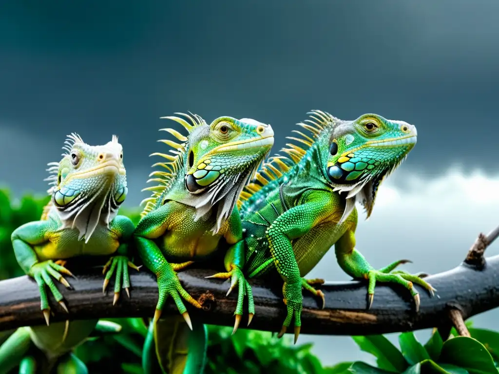 Grupo de iguanas verdes resistiendo la furia de un huracán, mostrando su increíble capacidad de reptiles para sobrevivir tormentas y huracanes