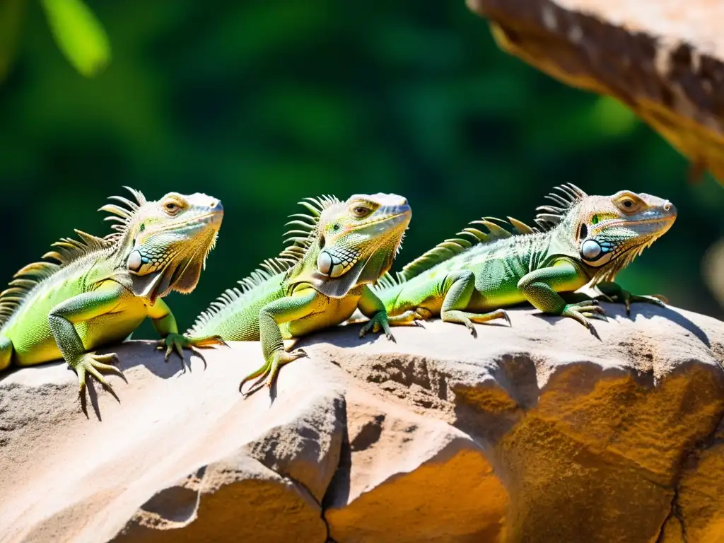 Un grupo de iguanas verdes socializando y tomando el sol en una formación rocosa