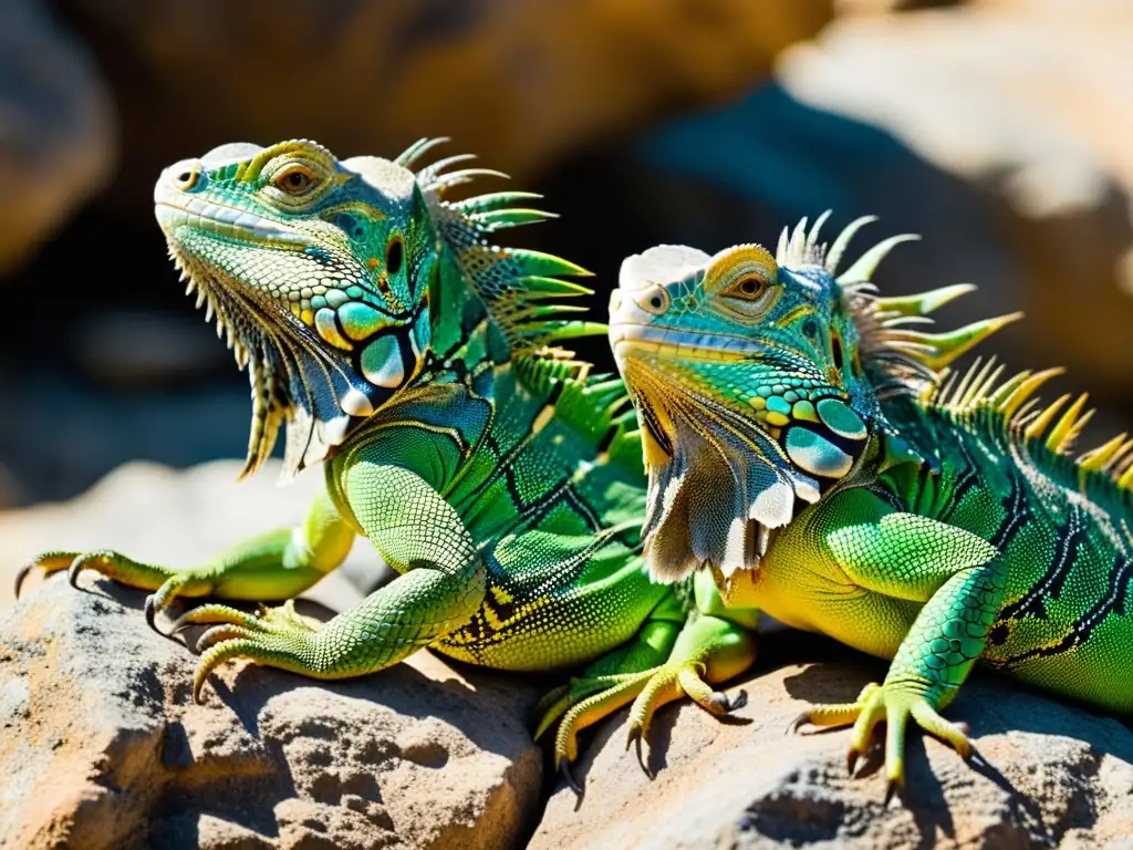 Un grupo de iguanas verdes disfruta del sol en un entorno rocoso, mostrando patrones y texturas en sus escamas