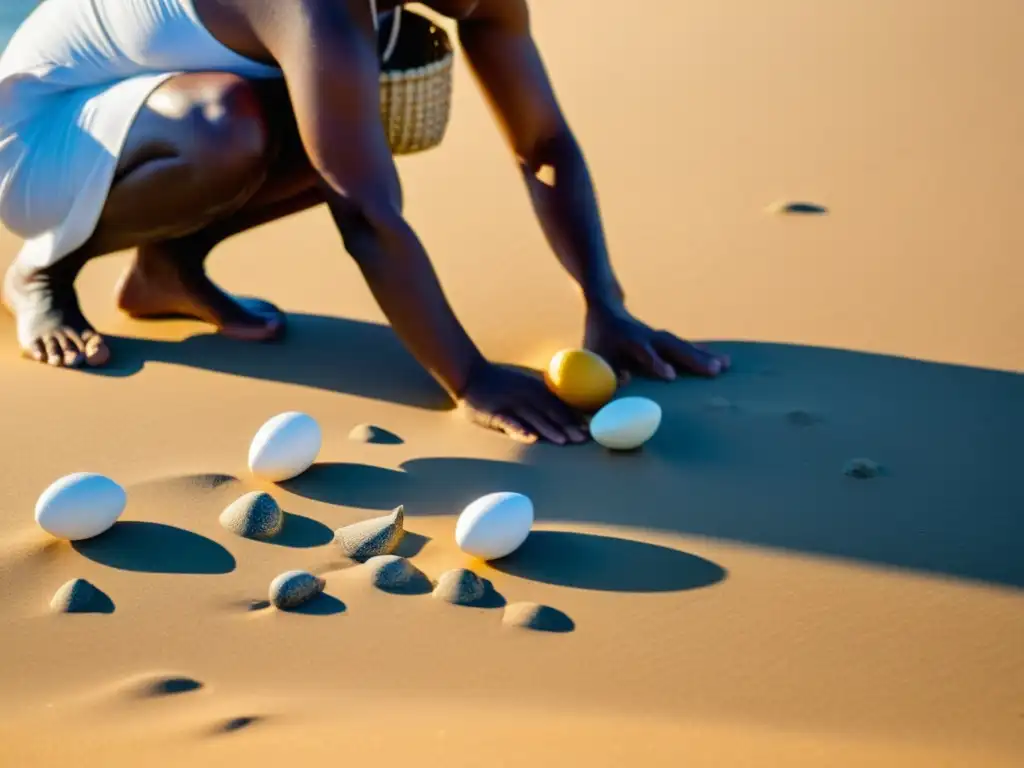 Grupo indígena cosechando huevos de tortuga al amanecer en la playa, con reverencia y tradición