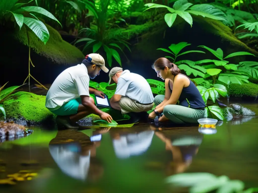 Grupo de investigadores estudiando anfibios exóticos en su hábitat natural, enfocados en la prevención y control de especies