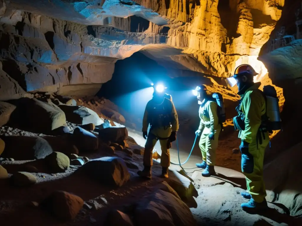 Grupo de investigadores explorando cuidadosamente una caverna, con ojos de reptil brillando en la oscuridad