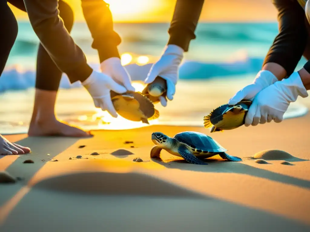 Liberación de Tortugas Marinas al Amanecer: Conservación en Acción Grupo de investigadores liberando crías de tortugas marinas al amanecer, mostrando esfuerzos de conservación de reptiles en medios naturales