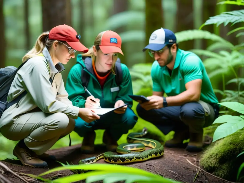 Grupo de investigadores en hábitat natural estudiando meticulosamente a una serpiente