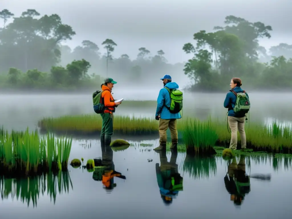 Grupo de investigadores identificación anfibios canto en pantano, escuchando atentamente en el ambiente neblinoso y biodiverso