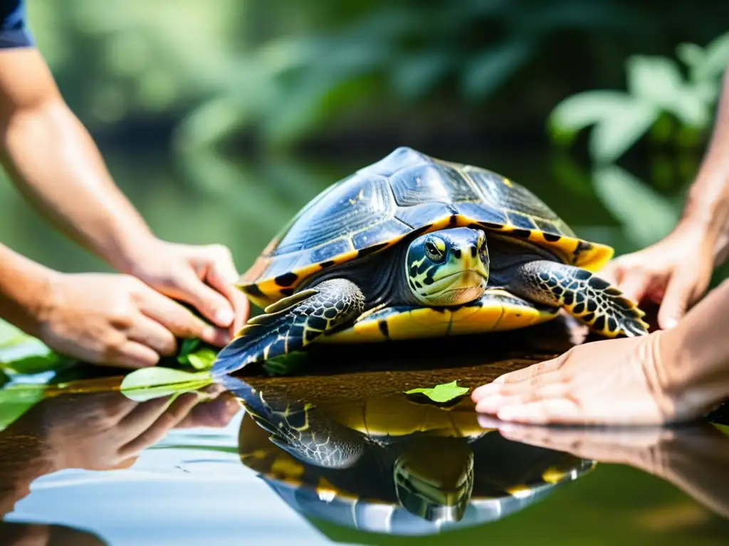 Grupo de investigadores liberando cuidadosamente tortugas rehabilitadas en su hábitat natural, evolución derechos reptiles conservación