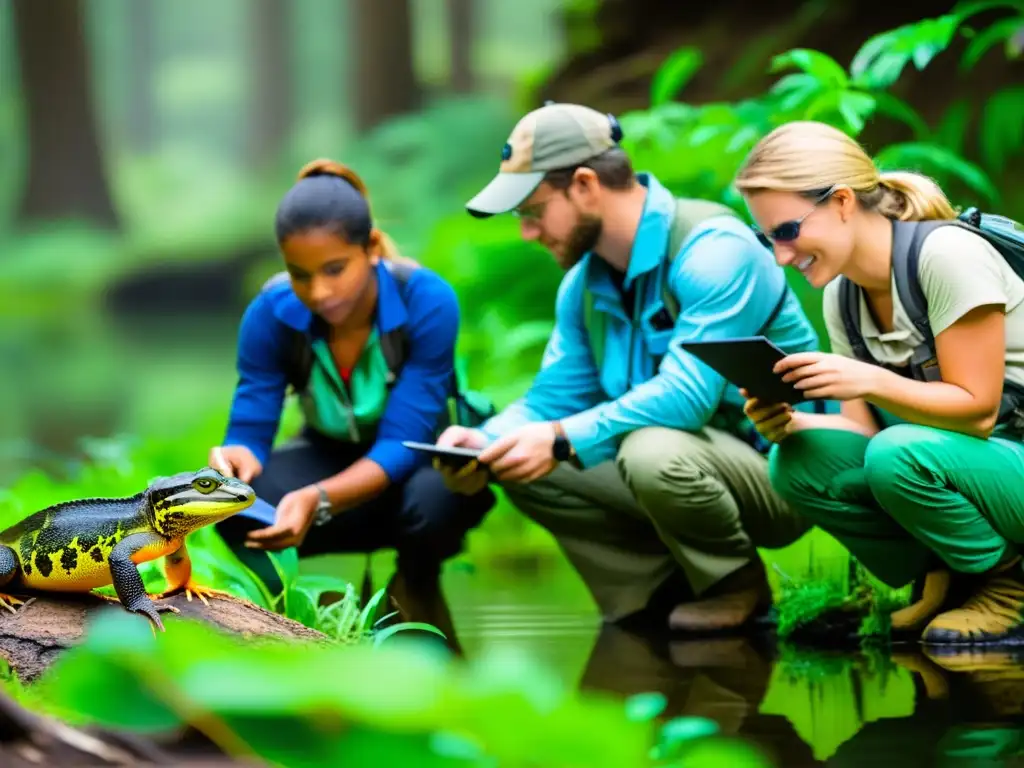 Grupo de jóvenes conservacionistas realizando investigación de campo en reptiles y anfibios