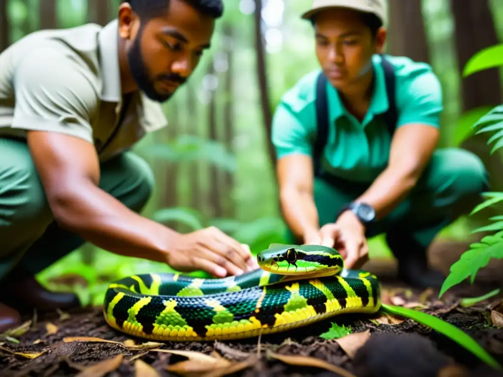 Un grupo de jóvenes conservacionistas libera con cuidado una serpiente colorida y con patrones en su hábitat natural