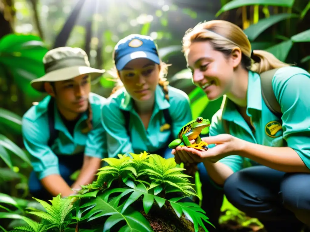 Grupo de jóvenes conservacionistas liberando ranas en la selva