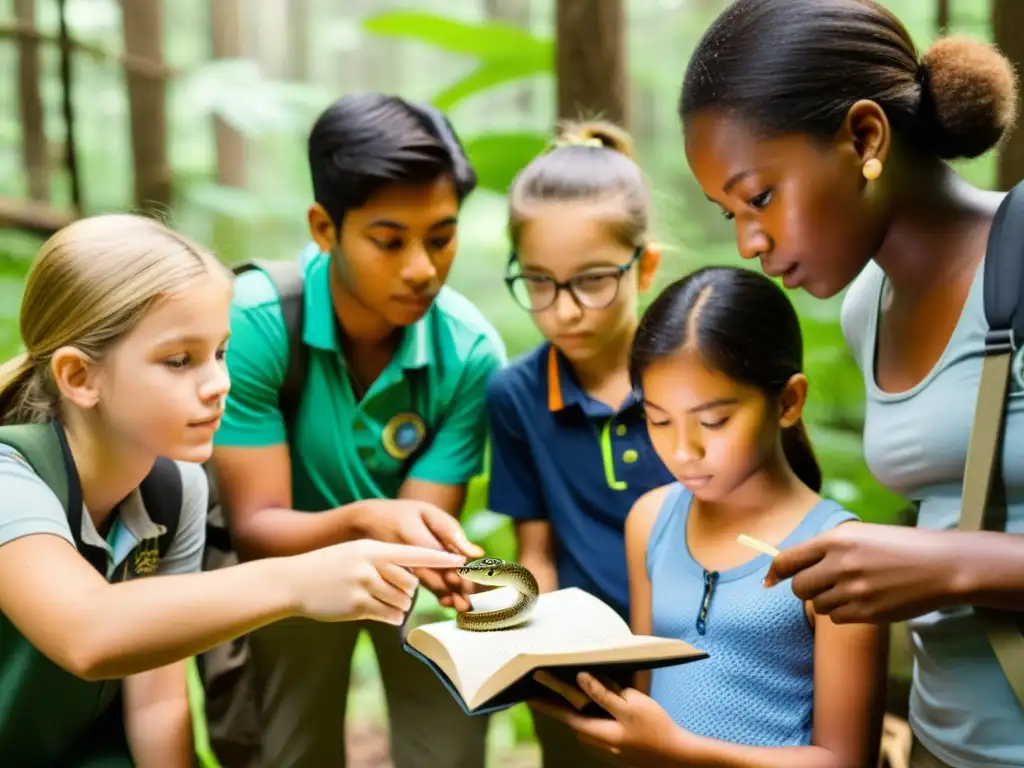 Grupo de jóvenes exploradores observando una serpiente con un guía en un campamento de verano para reptiles en el bosque