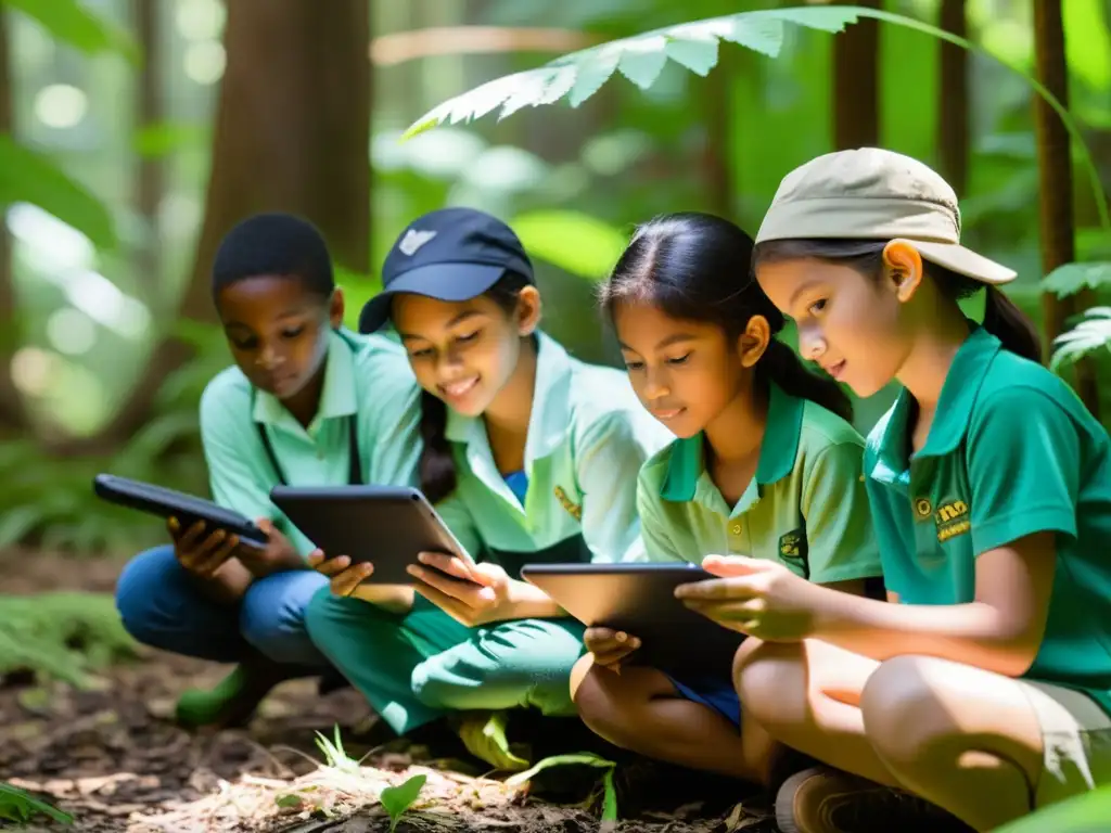 Un grupo de jóvenes naturalistas usando apps educativas sobre reptiles, explorando un hábitat selvático mientras observan reptiles