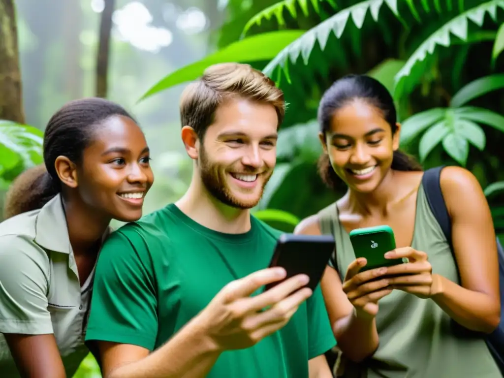 Un grupo de jóvenes naturalistas emocionados usando una app educativa sobre reptiles en la exuberante selva