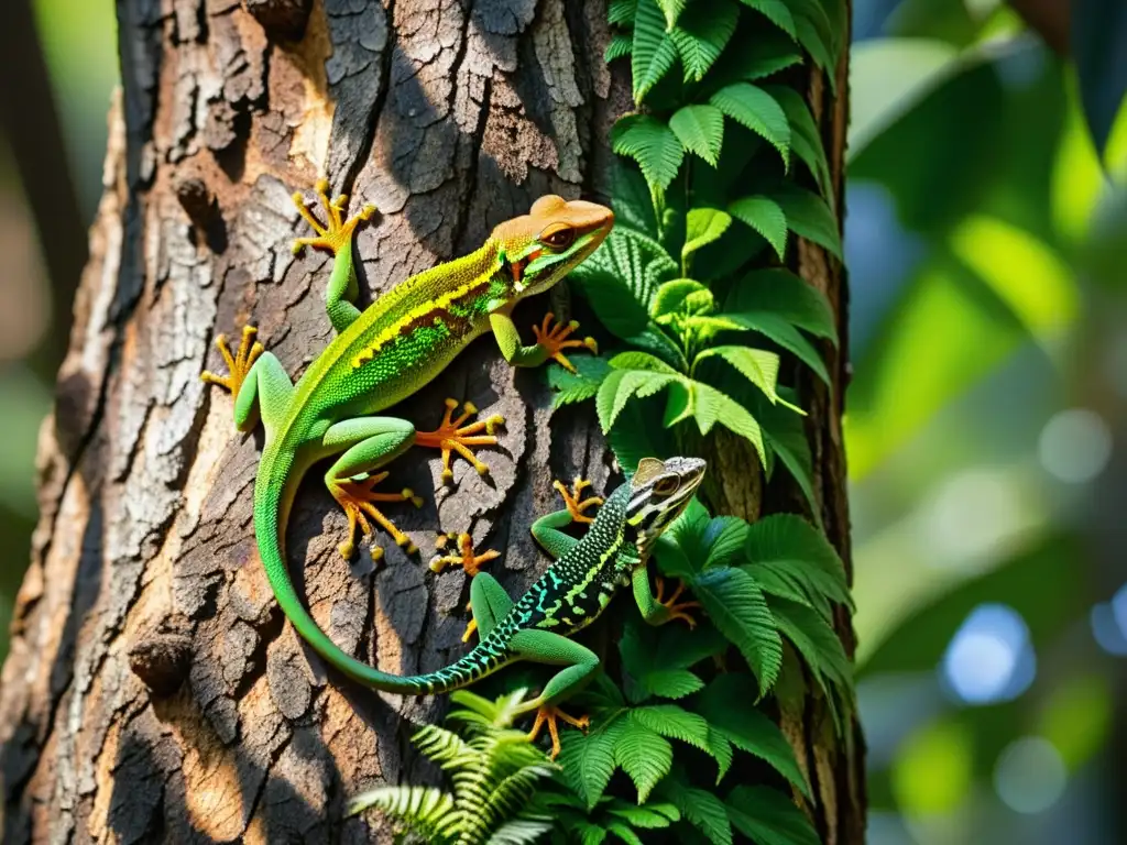 Un grupo de lagartos camuflados en un árbol en la selva tropical, mostrando una diversidad de colores y patrones