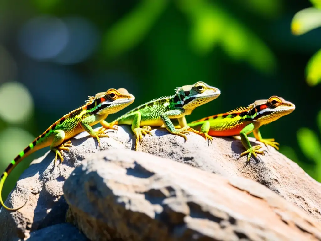 Un grupo de lagartos endémicos descansando en una formación rocosa, con sus escamas coloridas reflejando la luz del sol