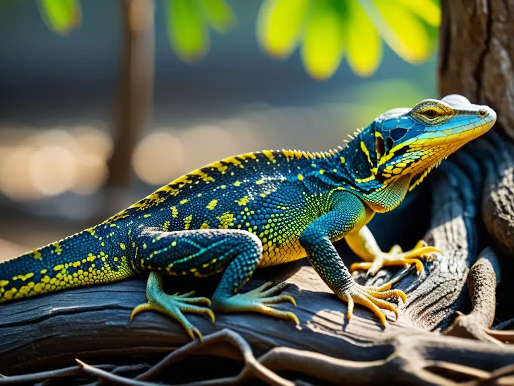 Un grupo de lagartos monitores enraizados en un manglar, resaltando la importancia de reptiles en manglares