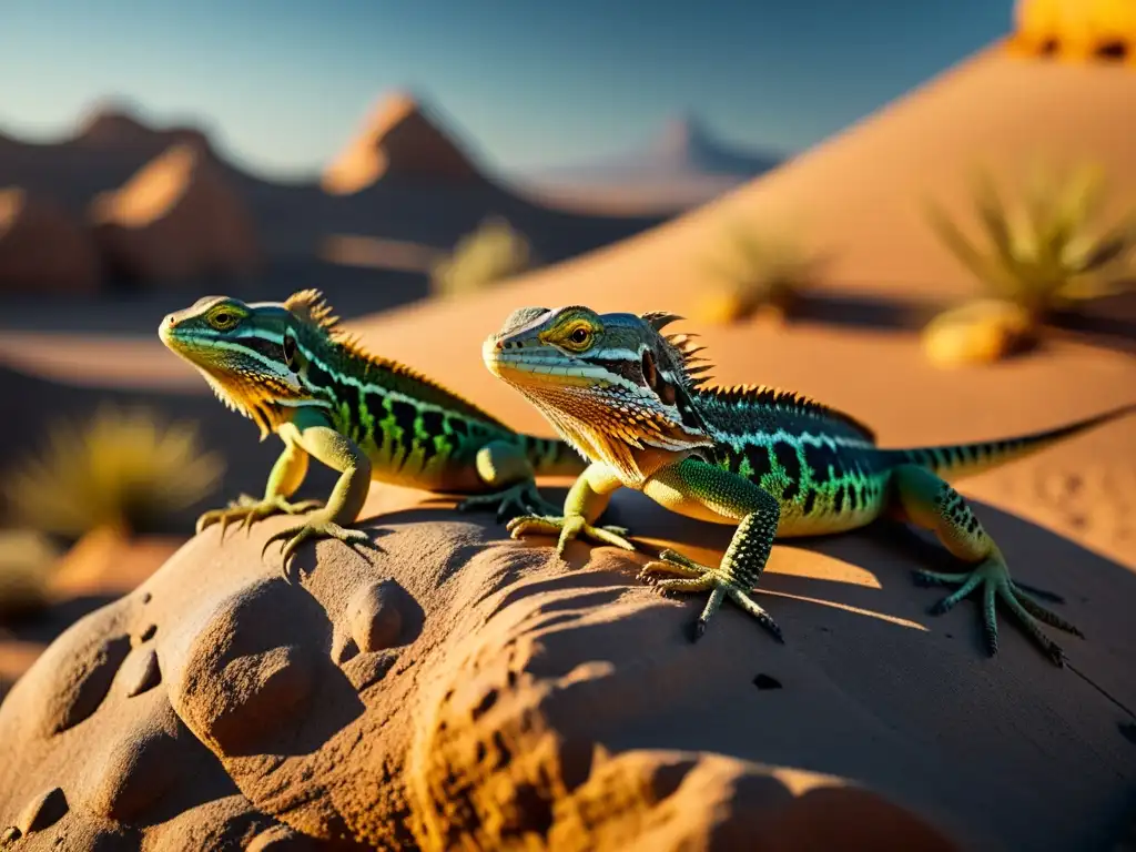 Un grupo de lagartos se toma un respiro en una roca del desierto, con sus escamas y patrones claramente visibles bajo la luz del sol