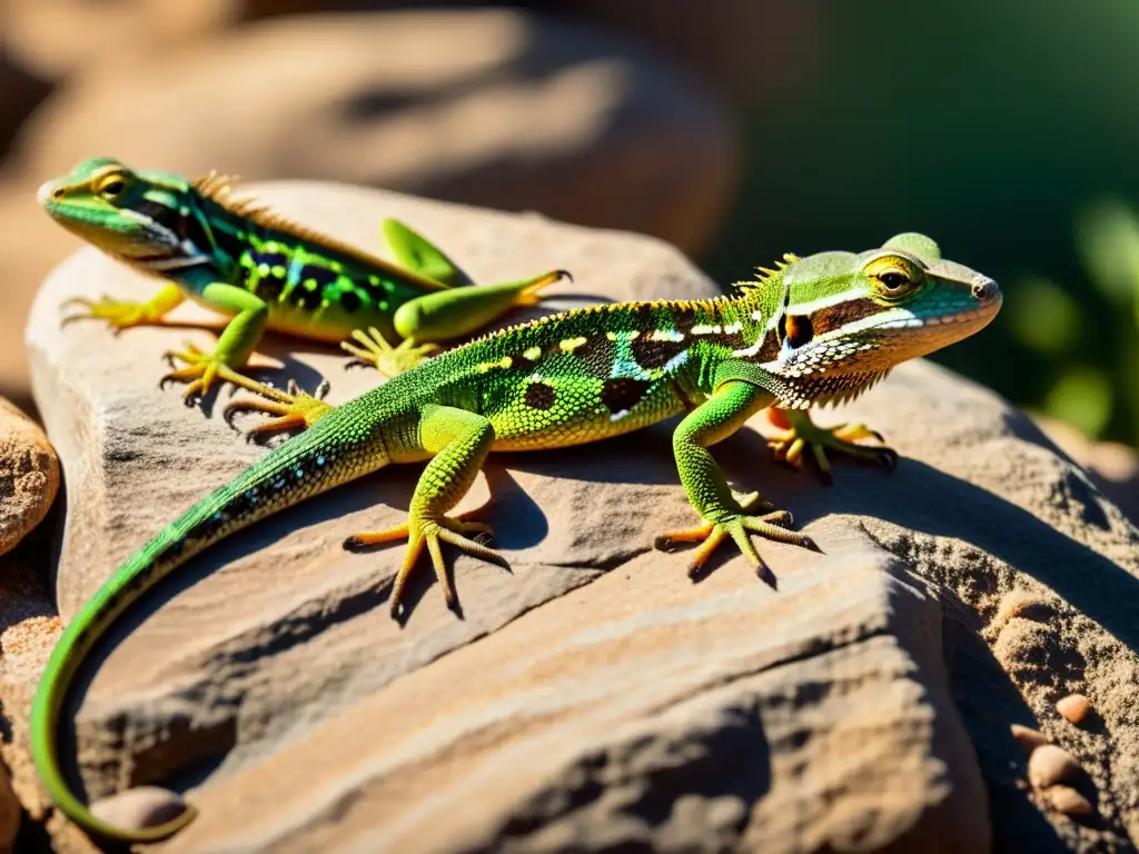 Un grupo de lagartos tomando el sol en una roca suave, con patrones detallados en sus escamas