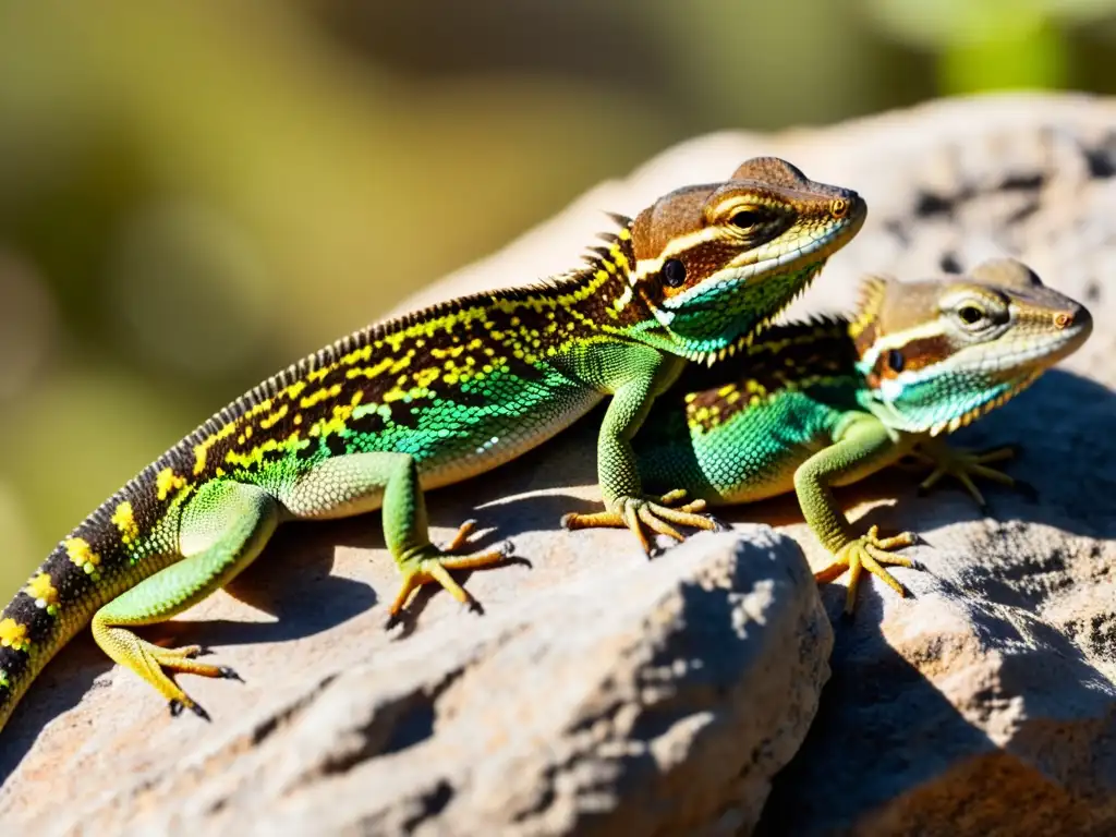 Un grupo de lagartos tomando el sol en una roca en el desierto, mostrando la protección de reptiles en un entorno de cambio climático