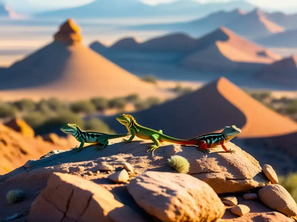 Un grupo de lagartos de vivos colores tomando el sol en un terreno rocoso, con un desierto árido de fondo