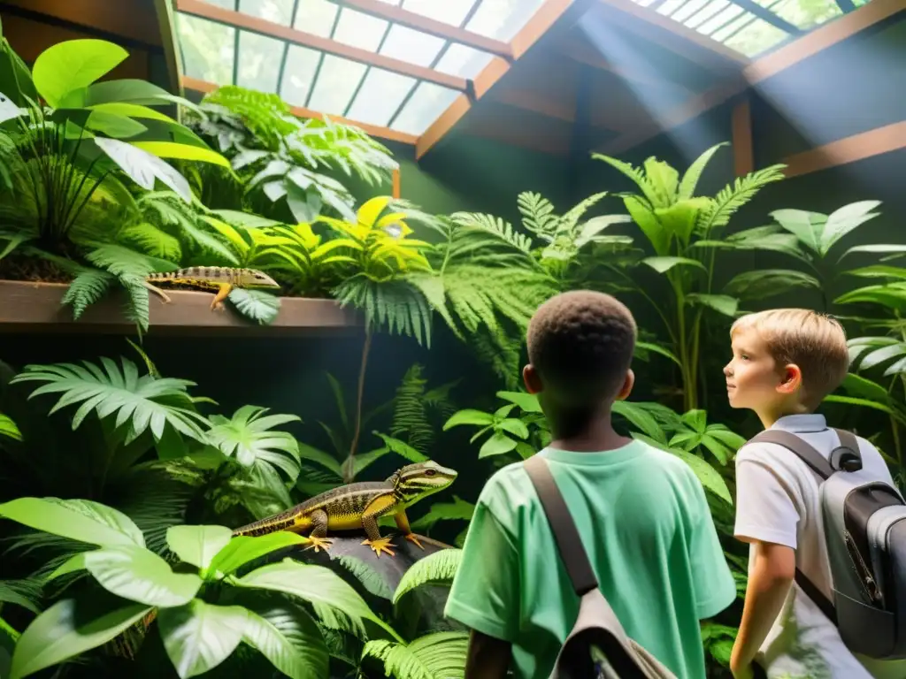 Un grupo de jóvenes naturalistas explorando un exuberante hábitat de reptiles con aplicaciones educativas sobre reptiles