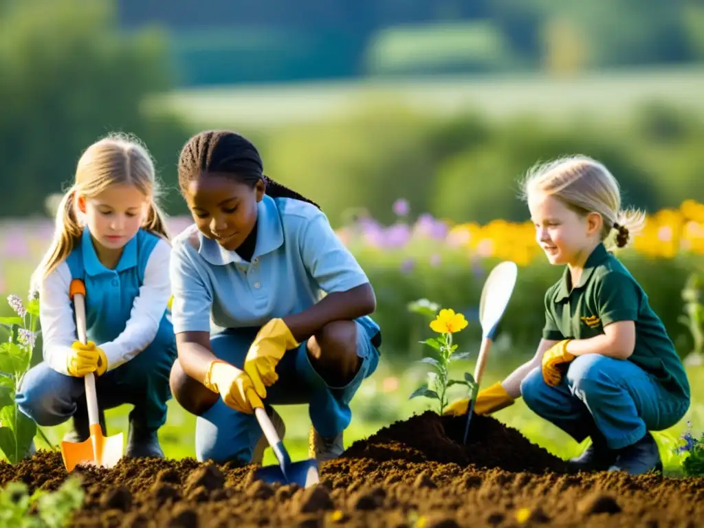 Grupo de niños plantando árboles en campo de flores, fomentando la restauración de hábitats escolar con alegría y compromiso