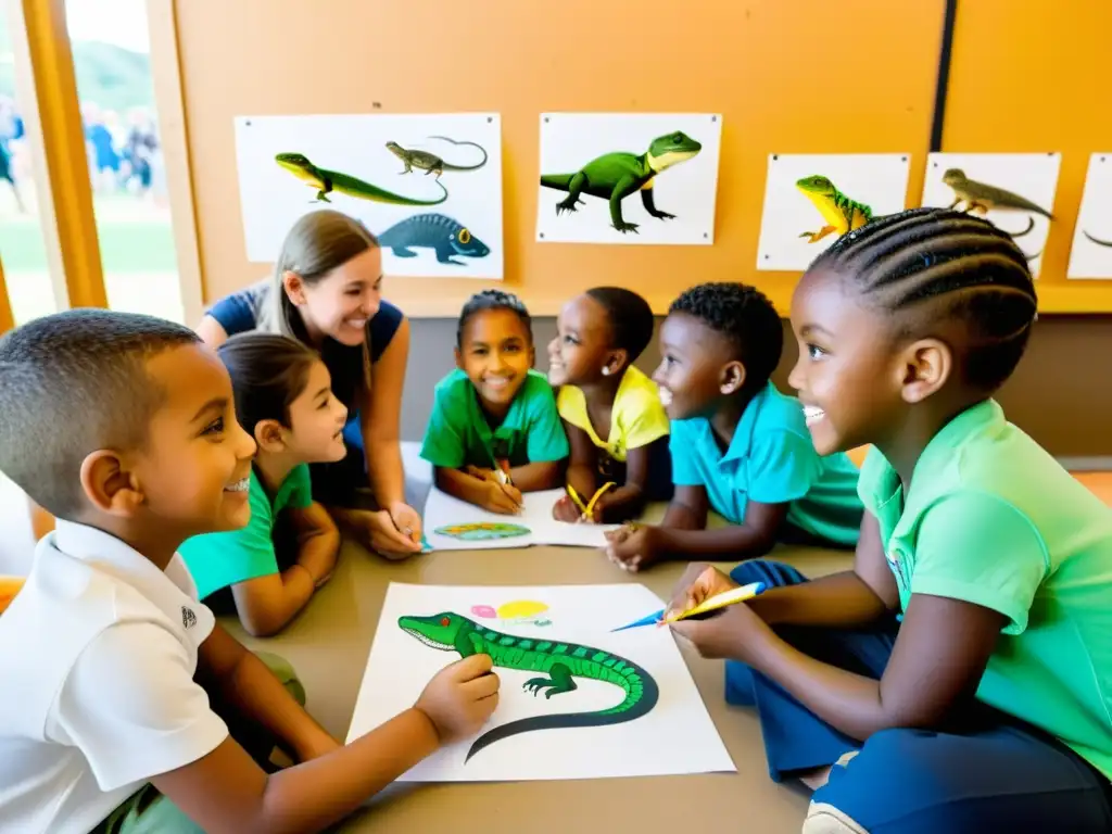 Grupo de niños participando en concurso de dibujo de reptiles en evento de conservación, rodeados de coloridos dibujos y educación ambiental