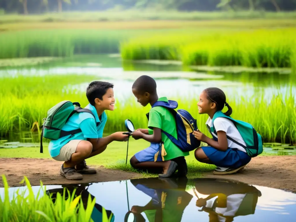 Un grupo de niños escolares observa con entusiasmo reptiles y anfibios en un humedal, guiados por un conservacionista apasionado de una ONG