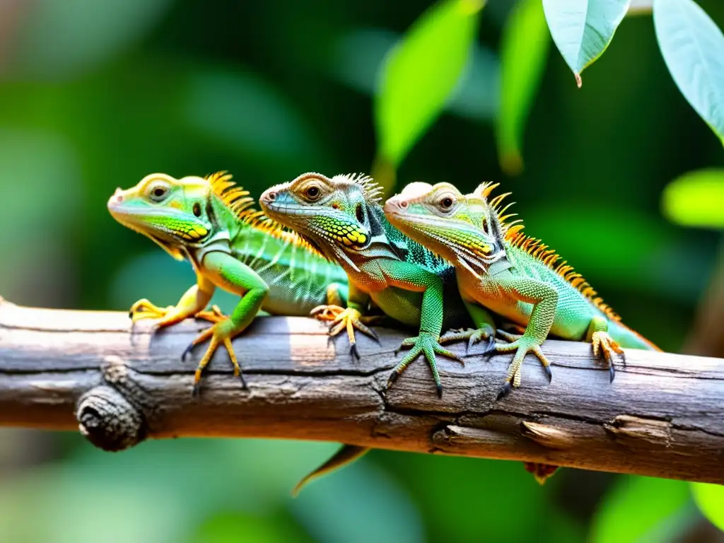 Un grupo de crías de iguana se reúnen en una rama, disfrutando de una nutrición óptima