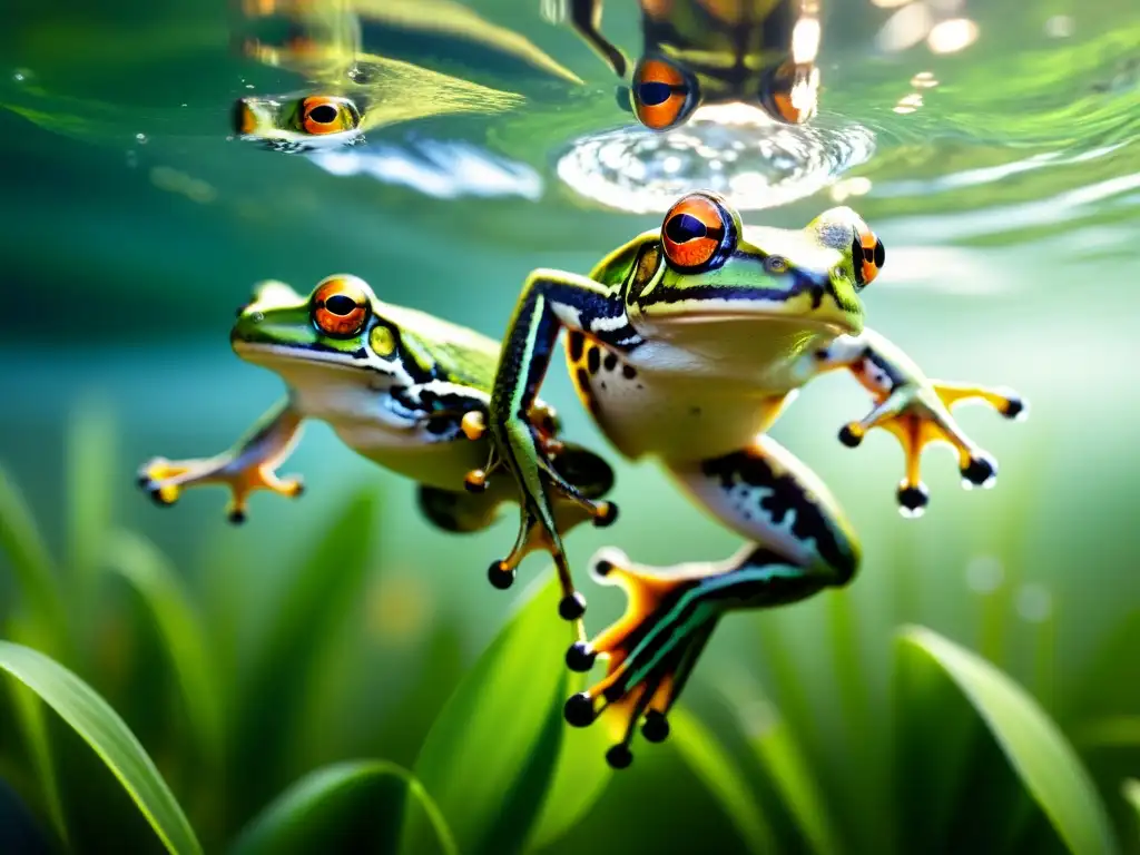 Grupo de ranas acuáticas realizando acrobacias subacuáticas con elegancia y agilidad, rodeadas de burbujas y plantas acuáticas